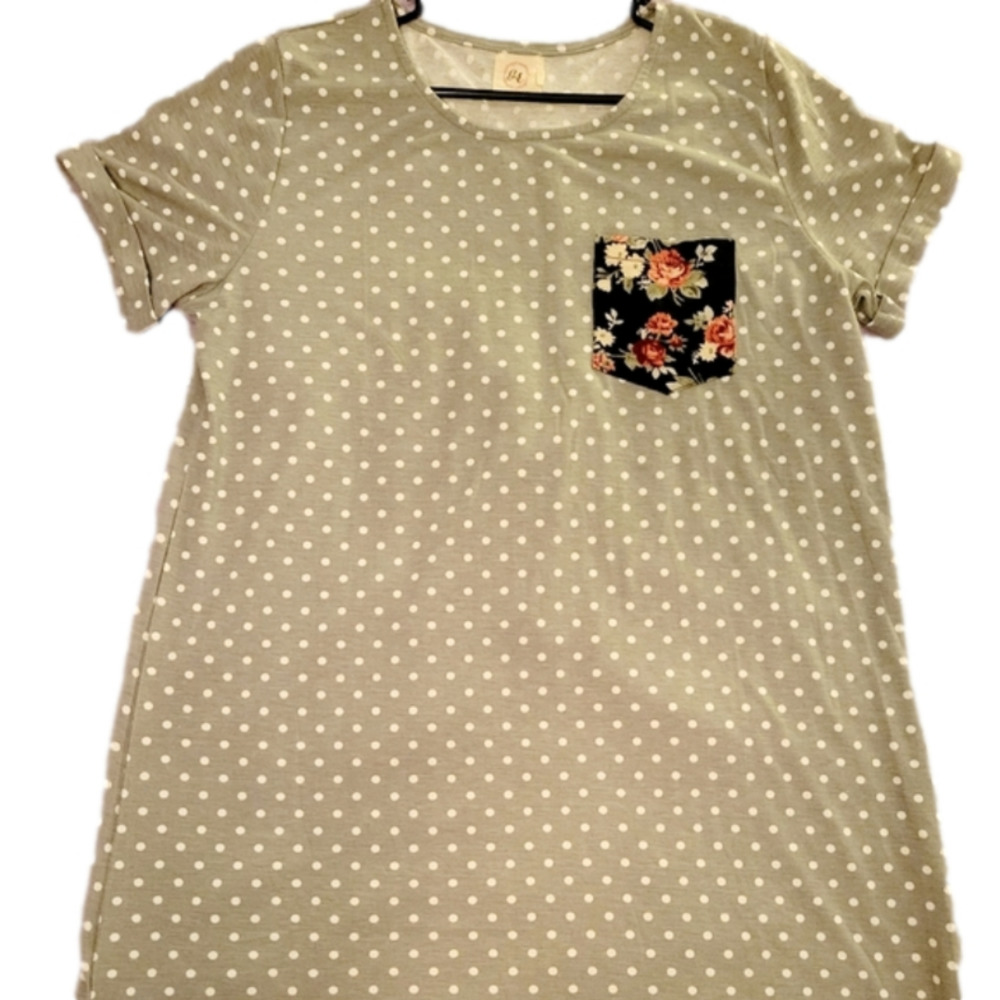Grace + Emma Tshirt Dress Green Polka Dot Floral Pocket Sz L